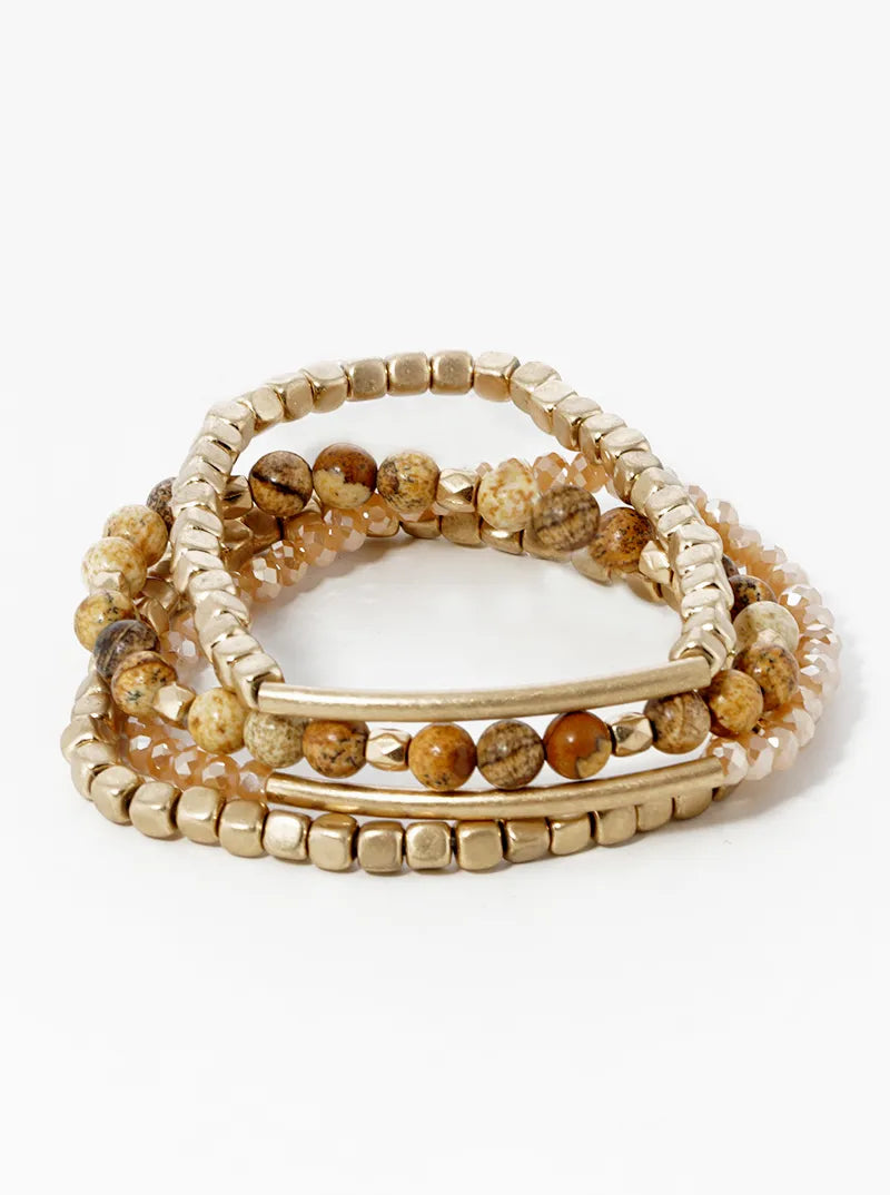 Semiprecious Stones And Brass Pipes Metal Stretch Bracelets Set