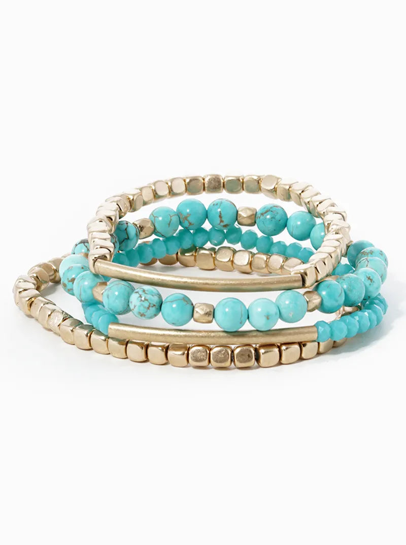Semiprecious Stones And Brass Pipes Metal Stretch Bracelets Set