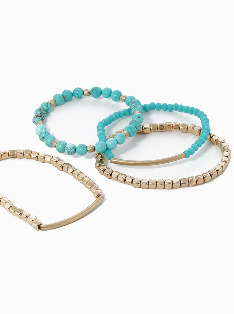 Semiprecious Stones And Brass Pipes Metal Stretch Bracelets Set