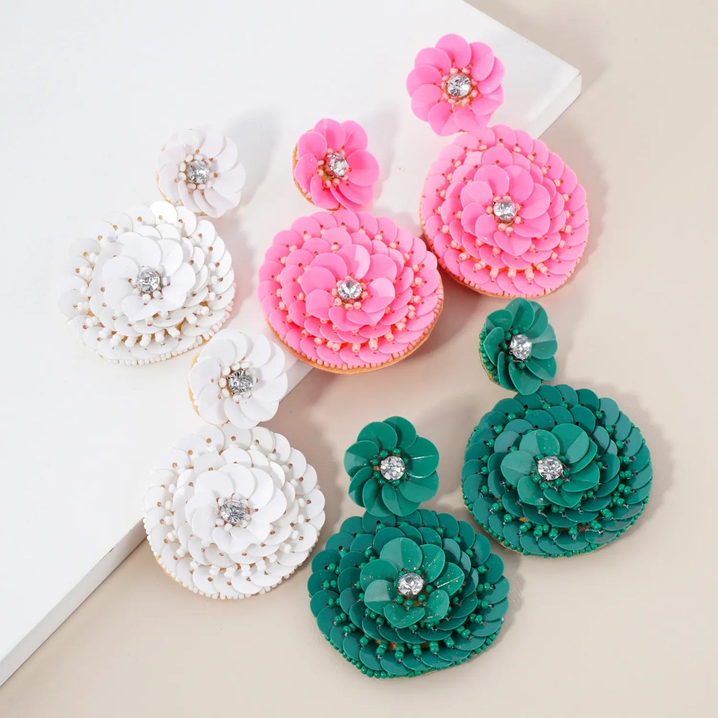 Sequin Seed Beaded Floral Statement Earrings