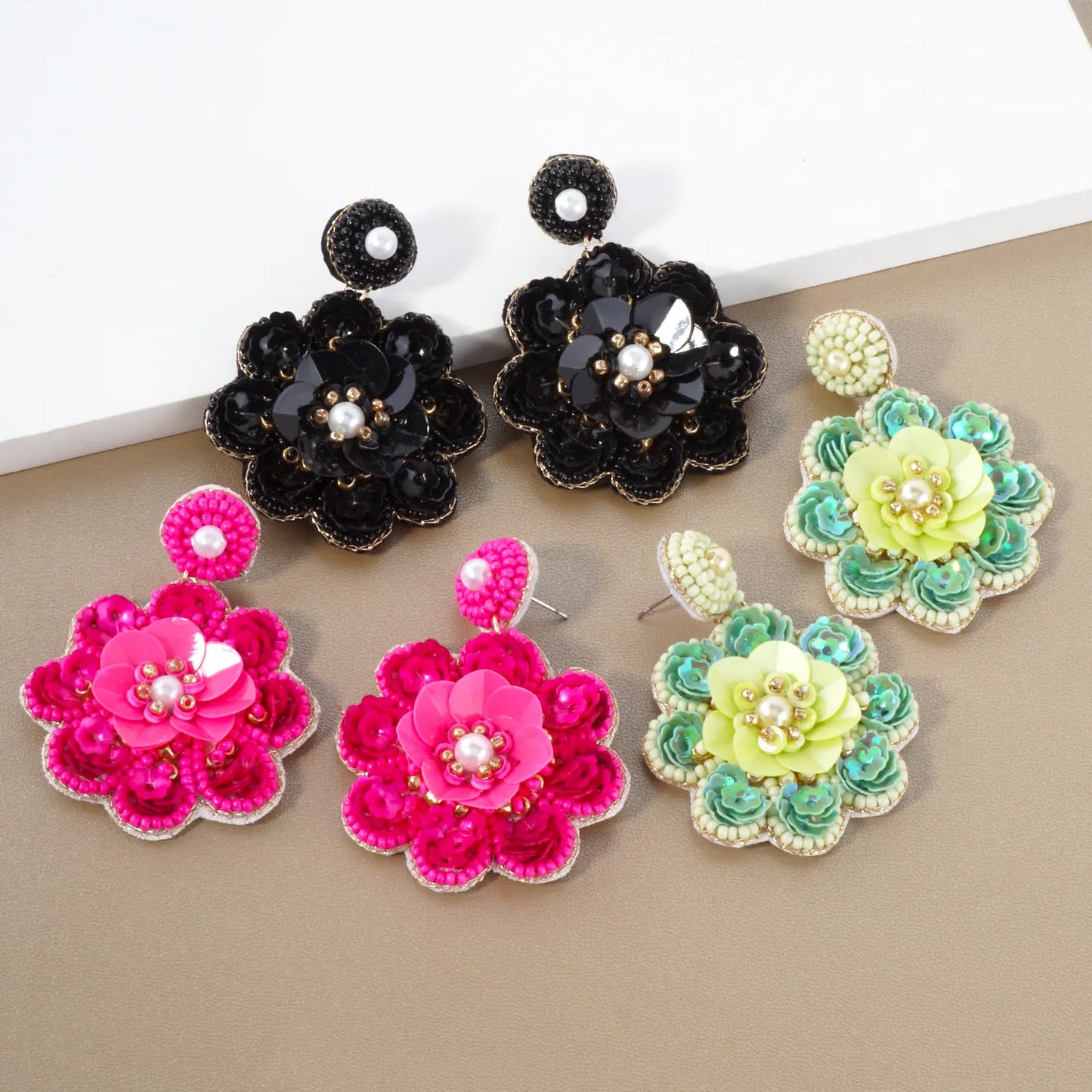 Sequin Seed-Beaded Flower Drop Statement Earrings