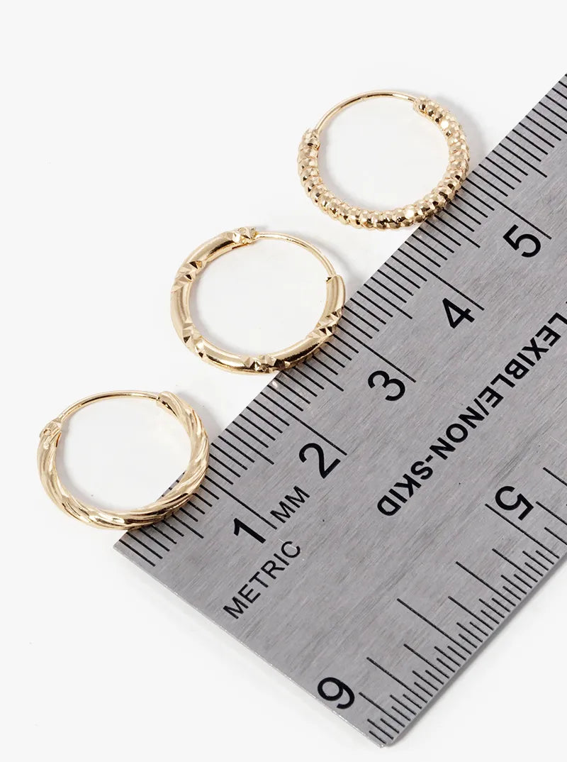 Set Of 3 Delicate Textured Brass Hinged Hoop Earrings