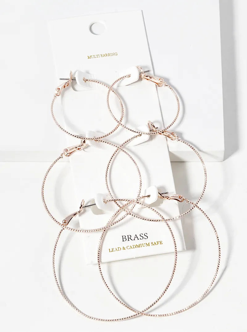 Set Of 3 Lightweight Brass Omega Back Hoop Earrings