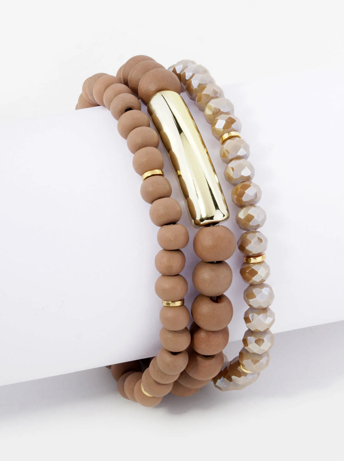Set Of 3 Wood And Metallic Bead Stackable Stretch Bracelet