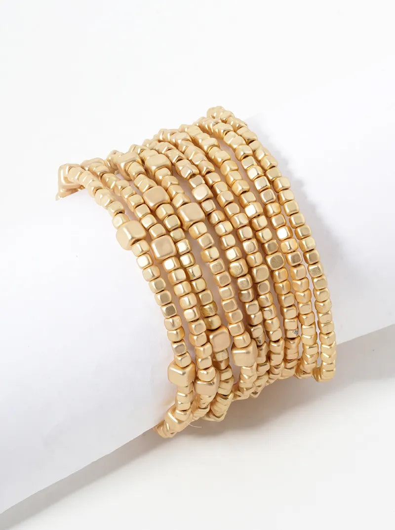Set Of 9 Square Shaped Metallic Bead Stretch Stackable Bracelet
