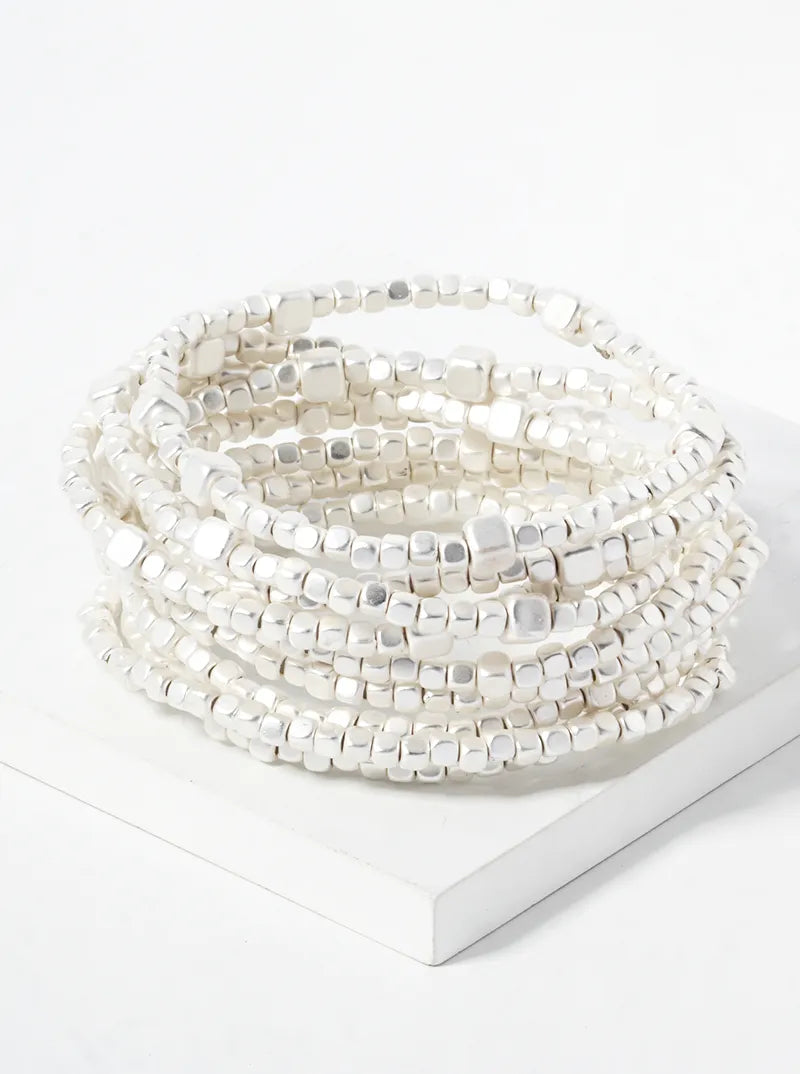 Set Of 9 Square Shaped Metallic Bead Stretch Stackable Bracelet