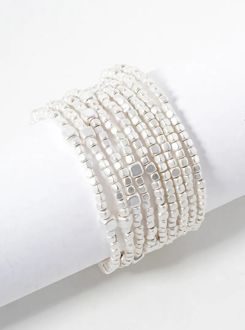 Set Of 9 Square Shaped Metallic Bead Stretch Stackable Bracelet