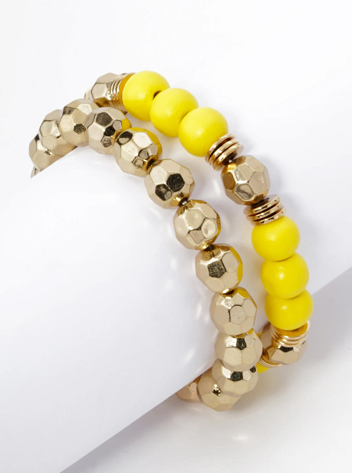 Set Of 2 Color Coated 10mm Wood And Faceted Metallic Beads Stackable Stretch Bracelet