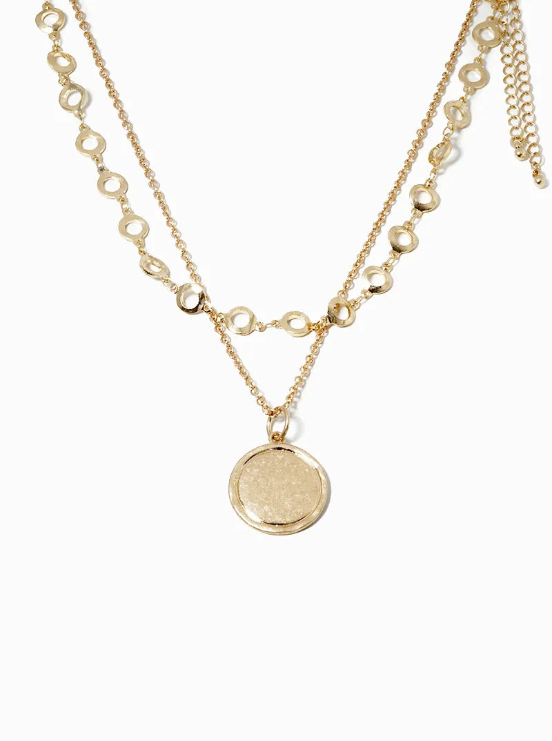 Set Of 2 Round Disc Pendant Layered Chain Necklace
