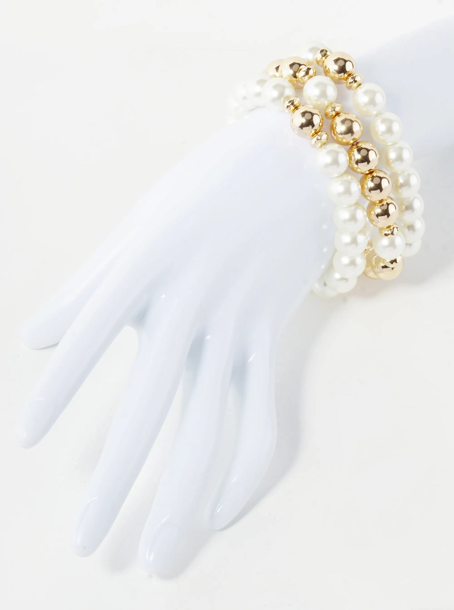 Set Of 3 10mm Pearl And Metallic Beaded Stackable Stretch Bracelet