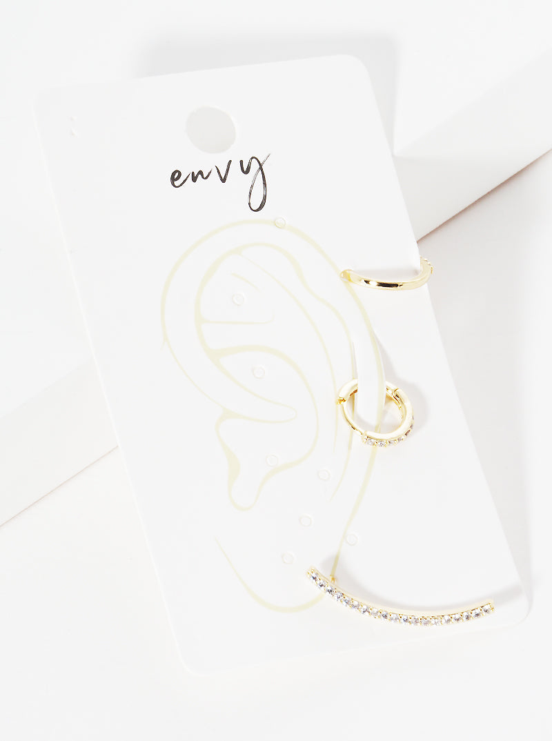 Set Of 3 18K Gold Dipped Brass CZ Ear Crawler With Ear Cuff And Huggie Hoop Earrings