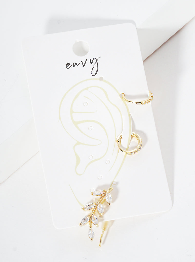 Set Of 3 18K Gold Dipped Leaf Shaped CZ Ear Crawler With Ear Cuff And Huggie Hoop Earrings