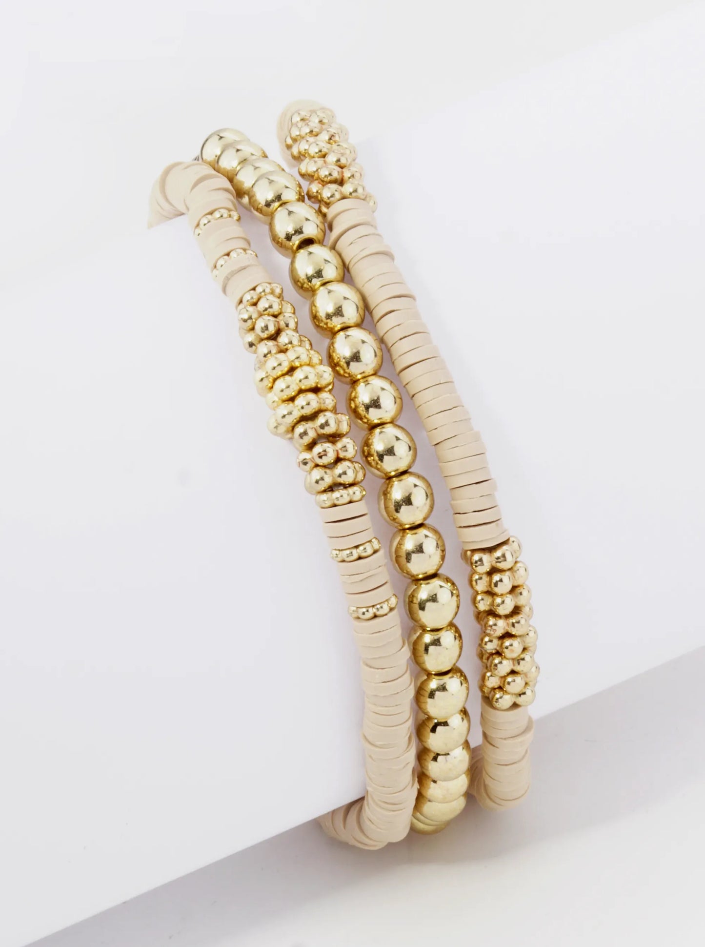 Set Of 3 4mm Clay And Metallic Bead Stackable Stretch Bracelet