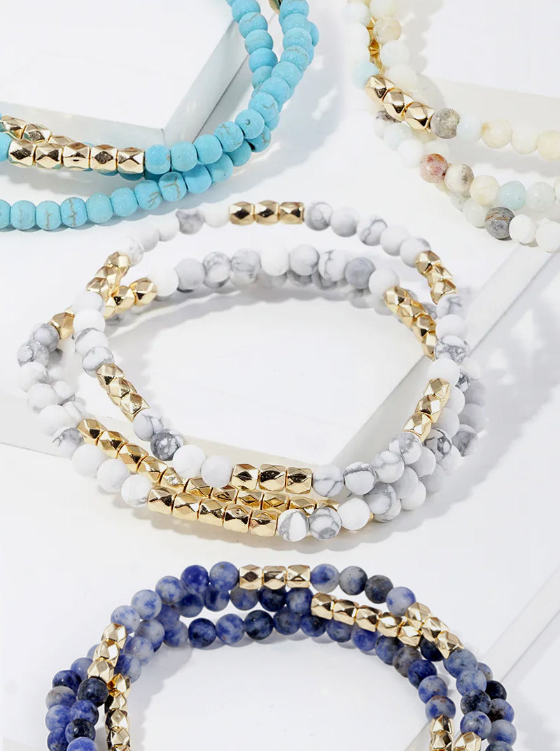 Set Of 3 4mm Semi-Precious Natural Stone Bead Stretch Stackable Bracelet