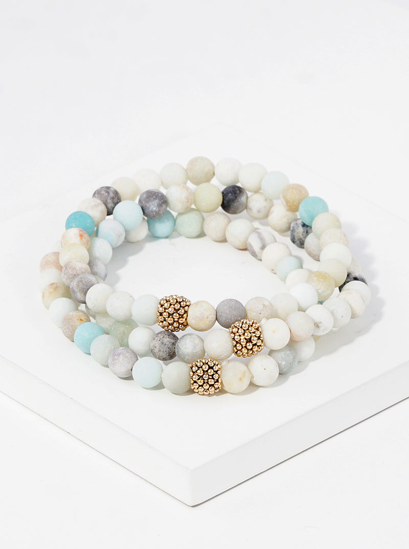 Set Of 3 4mm Semi-Precious Natural Stones And Metallic Beads Stretch Stackable Bracelet
