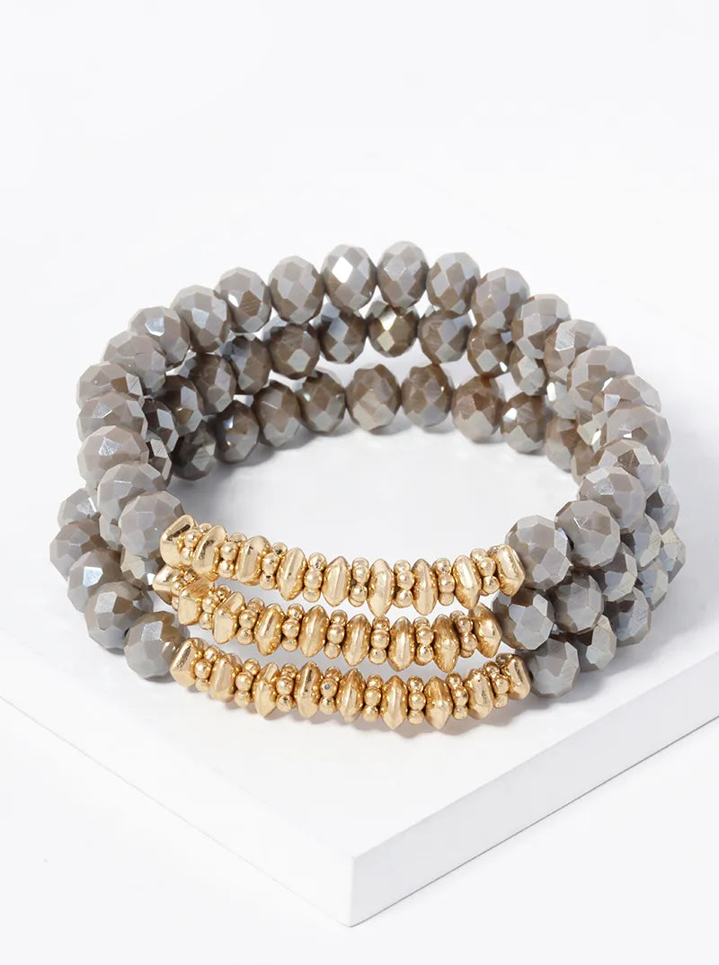 Set Of 3 5mm Faceted Glass And Metallic Beaded Stackable Stretch Bracelet
