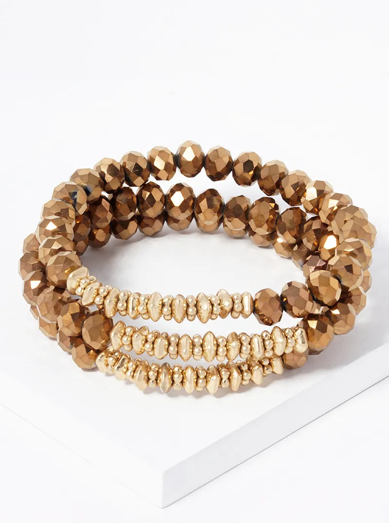 Set Of 3 5mm Faceted Glass And Metallic Beaded Stackable Stretch Bracelet