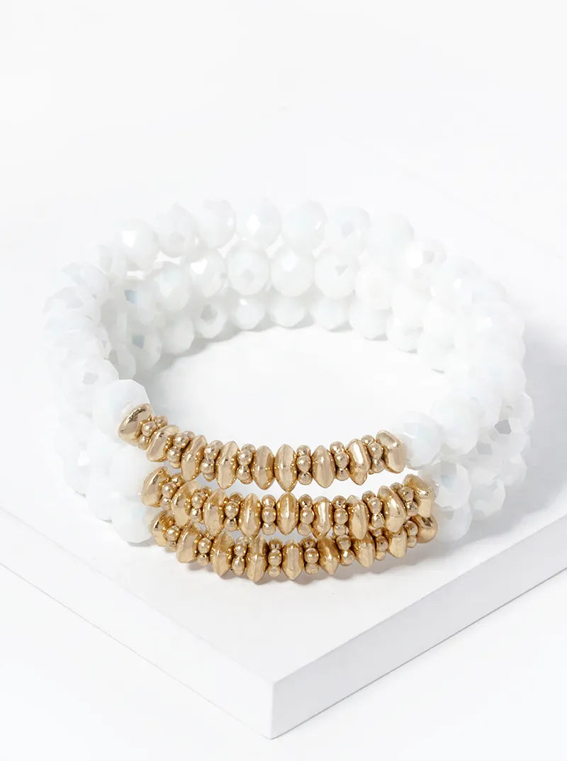 Set Of 3 5mm Faceted Glass And Metallic Beaded Stackable Stretch Bracelet