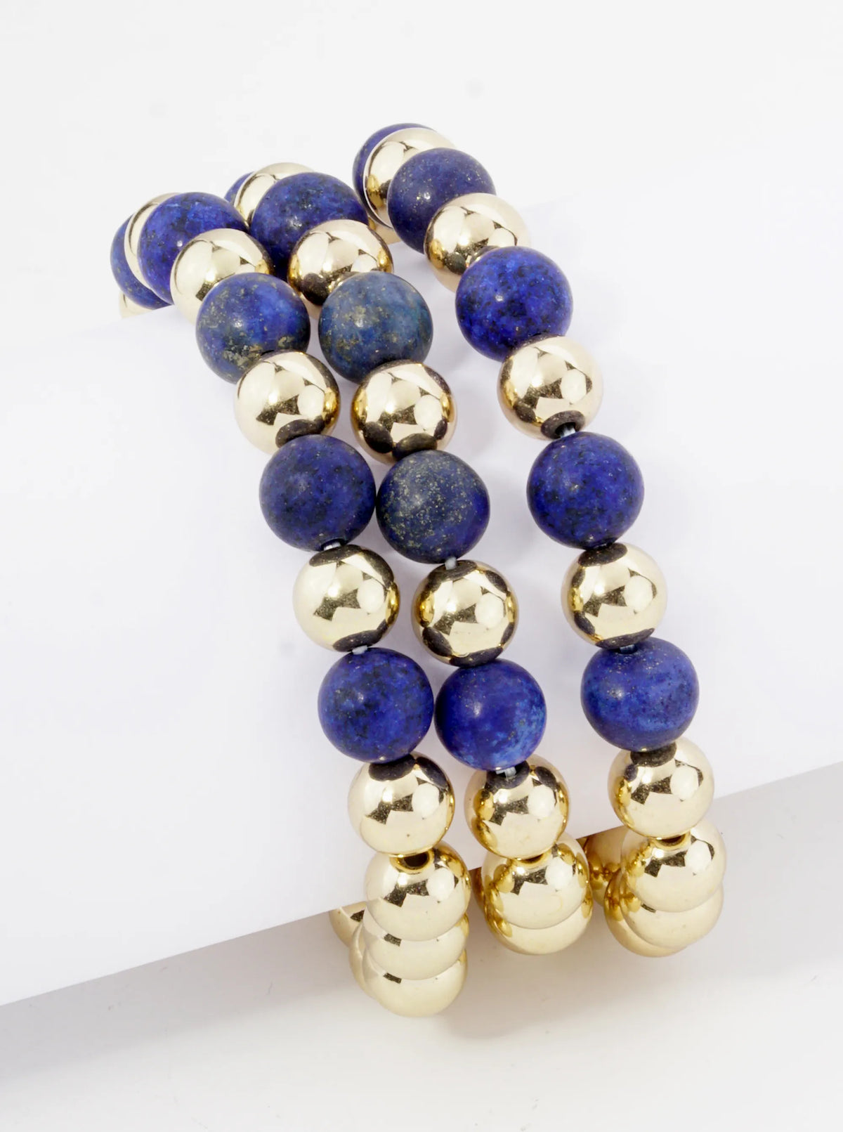 Set Of 3 9mm Semi-Precious Natural Stone Metallic Bead Stackable Stretch Bracelet