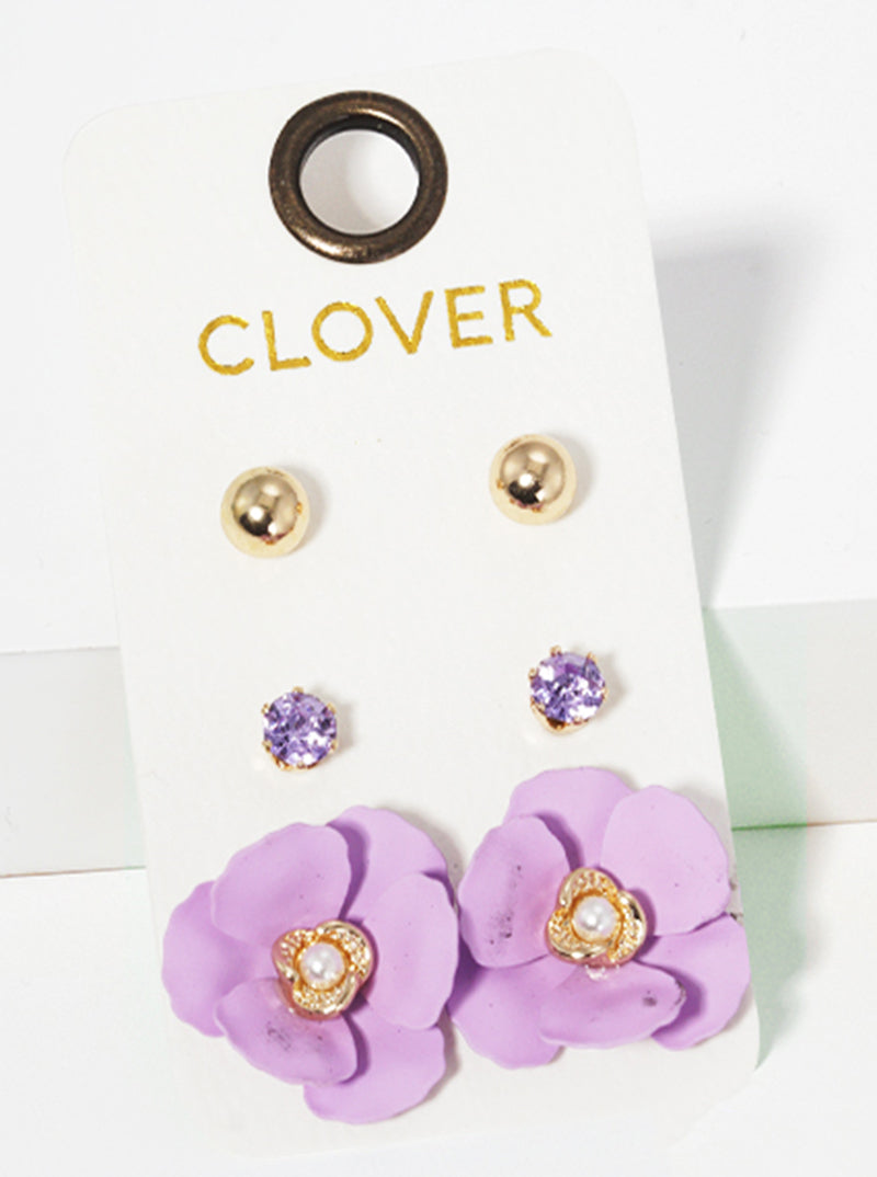 Set Of 3 Assorted Flower Post Stud Earrings