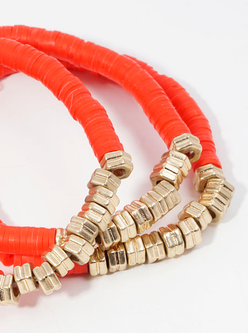 Set Of 3 Clay Bead And Metallic Bead Stretch Stackable Bracelet