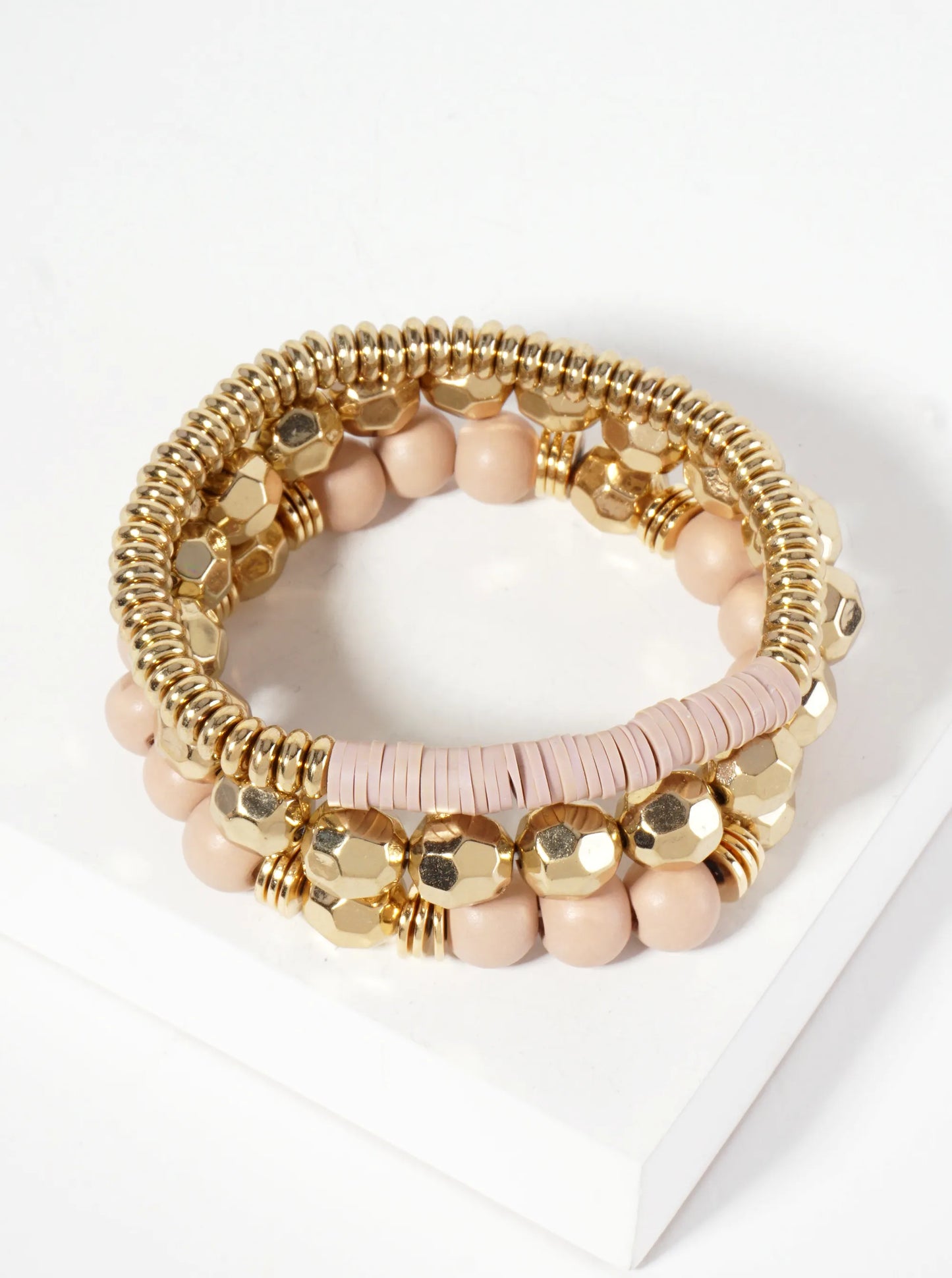 Set-of-3 Color-Coated Wood-Beads And Metallic-Beads Stackable Stretch Bracelet