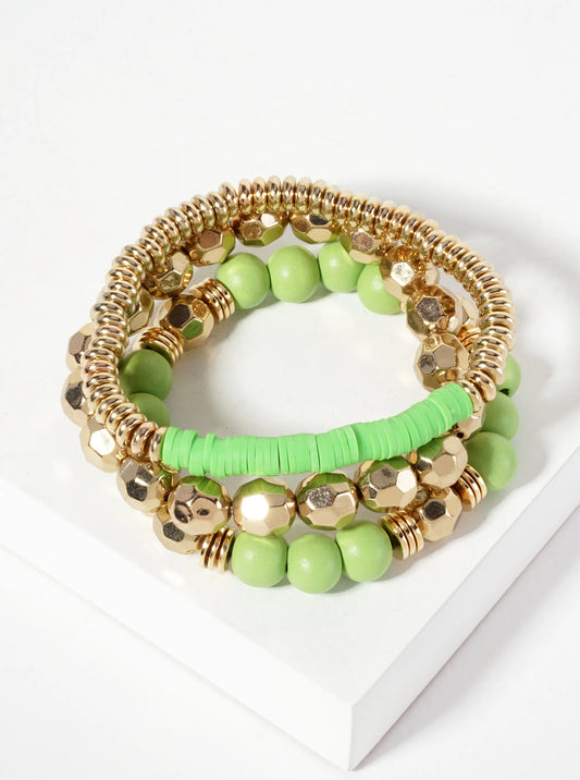 Set-of-3 Color-Coated Wood-Beads And Metallic-Beads Stackable Stretch Bracelet
