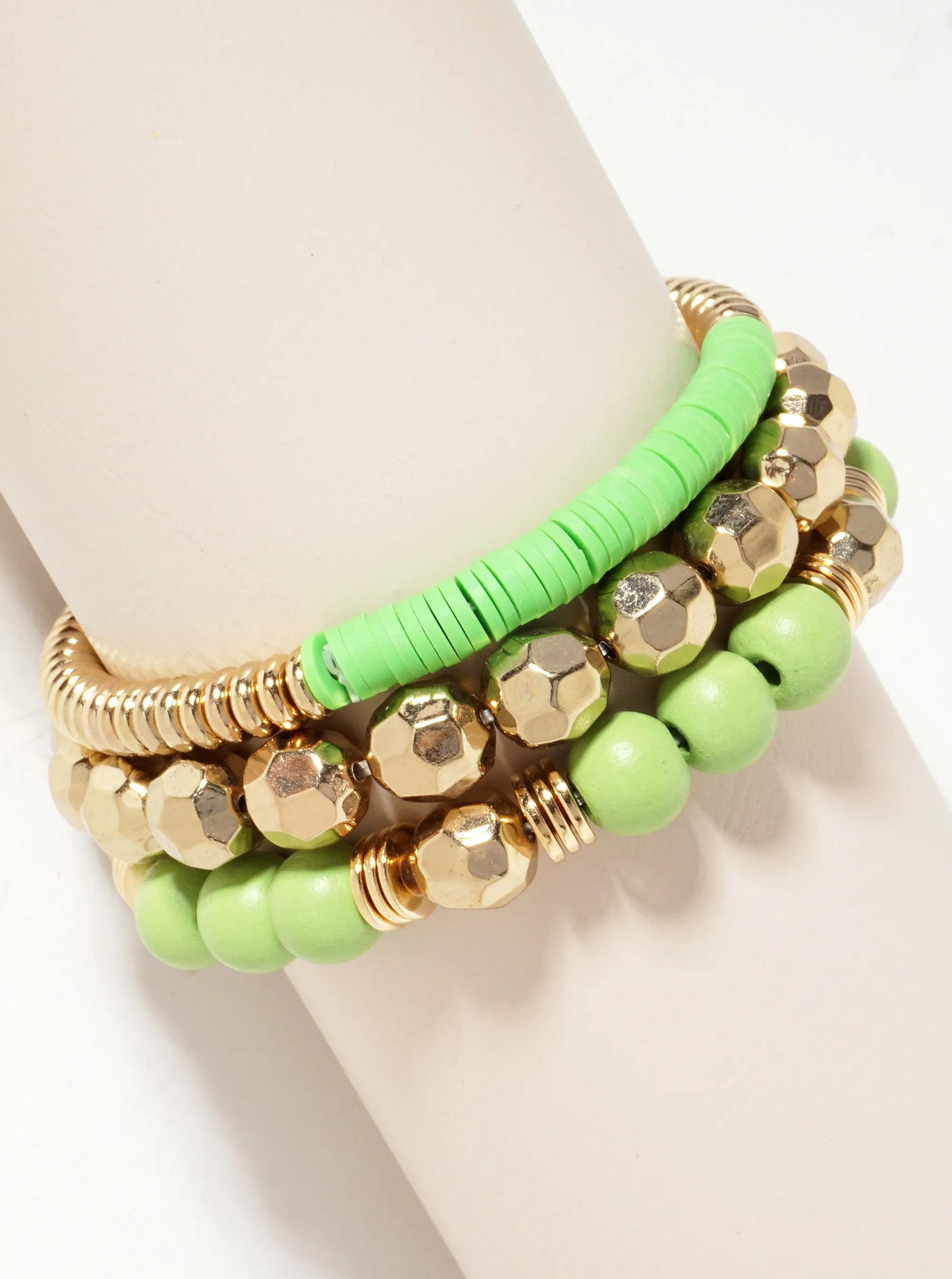 Set-of-3 Color-Coated Wood-Beads And Metallic-Beads Stackable Stretch Bracelet