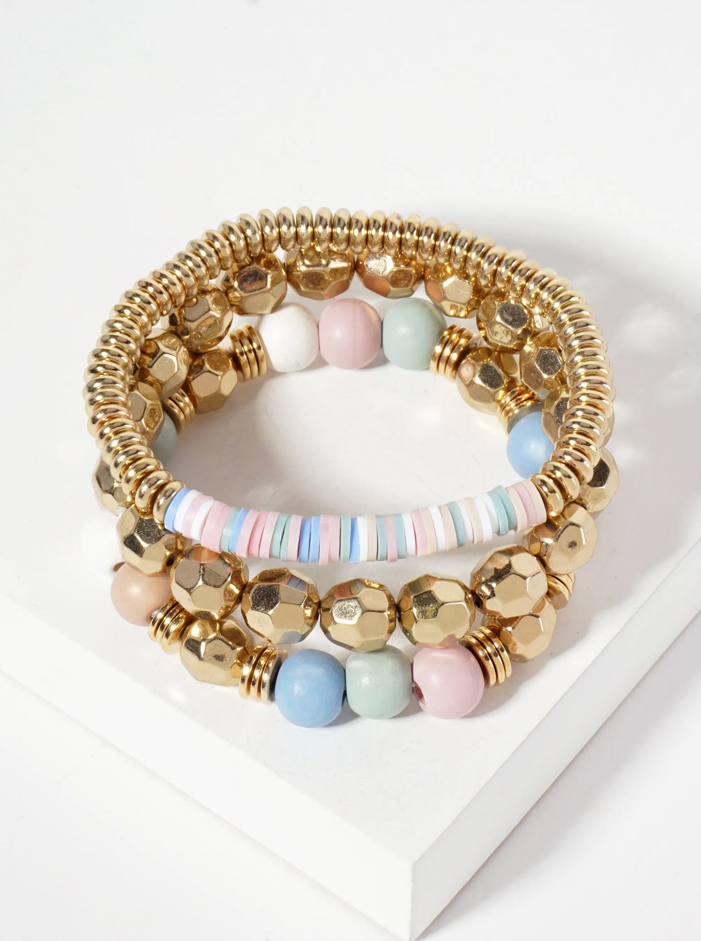Set-of-3 Color-Coated Wood-Beads And Metallic-Beads Stackable Stretch Bracelet