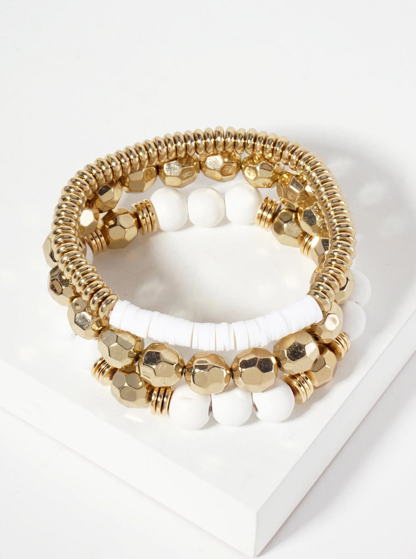 Set-of-3 Color-Coated Wood-Beads And Metallic-Beads Stackable Stretch Bracelet