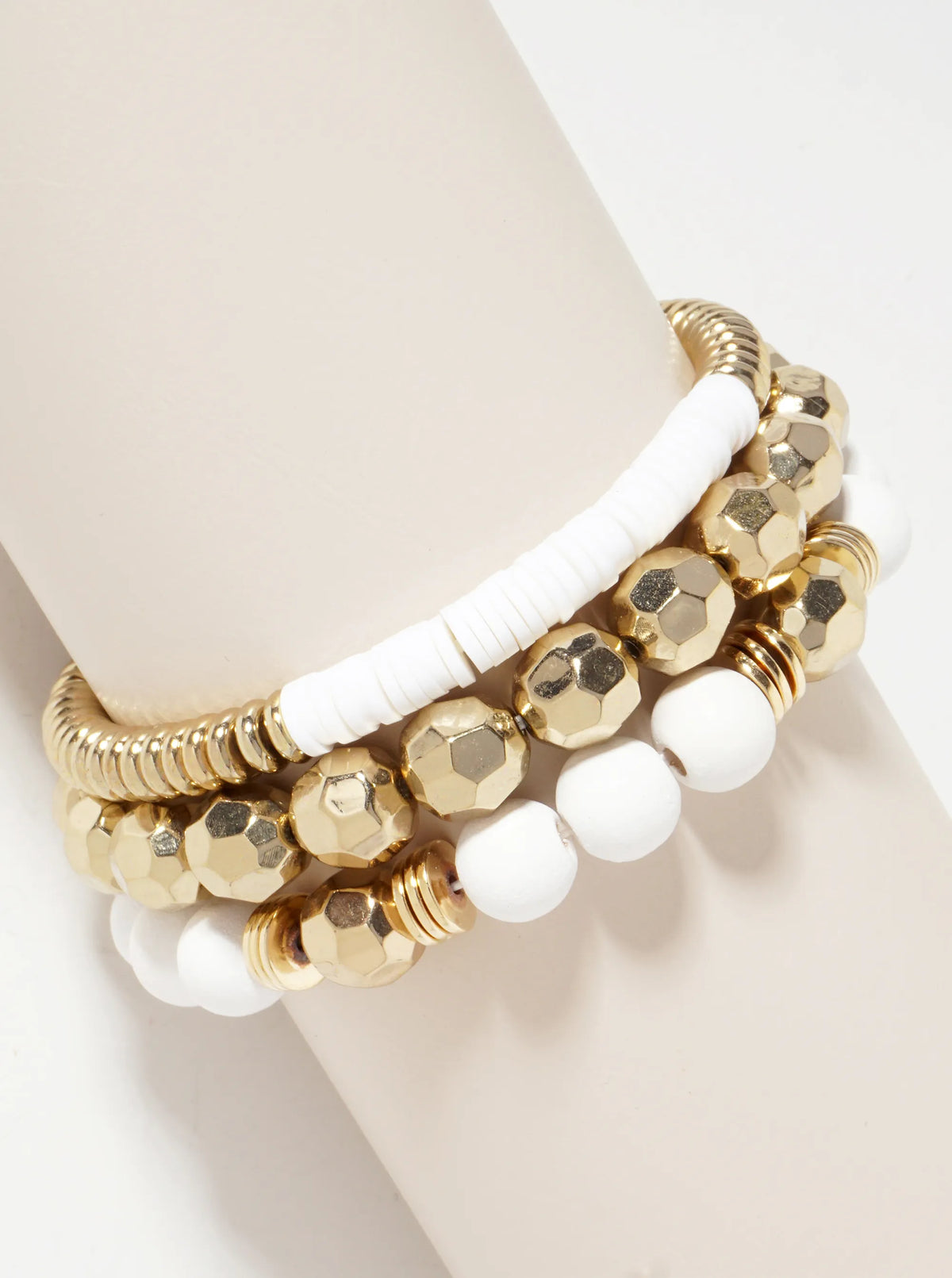 Set-of-3 Color-Coated Wood-Beads And Metallic-Beads Stackable Stretch Bracelet