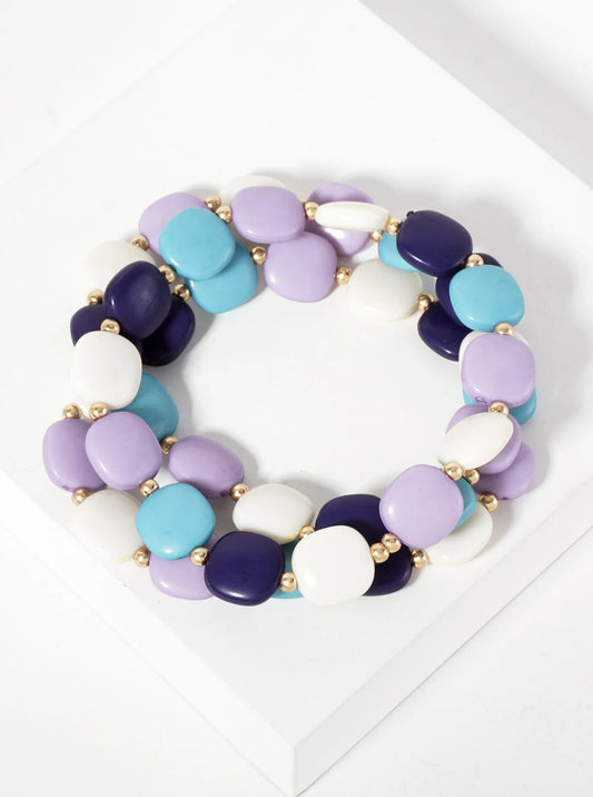 Set-of-3 Colorful Seaside-Pebbles-Inspired Glass-Beads Stackable Stretch Bracelet