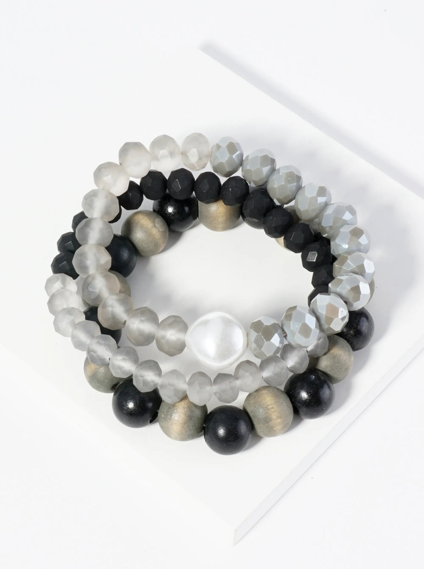 Set Of 3 Faceted Wood And Glass Beaded Stackable Stretch Bracelet