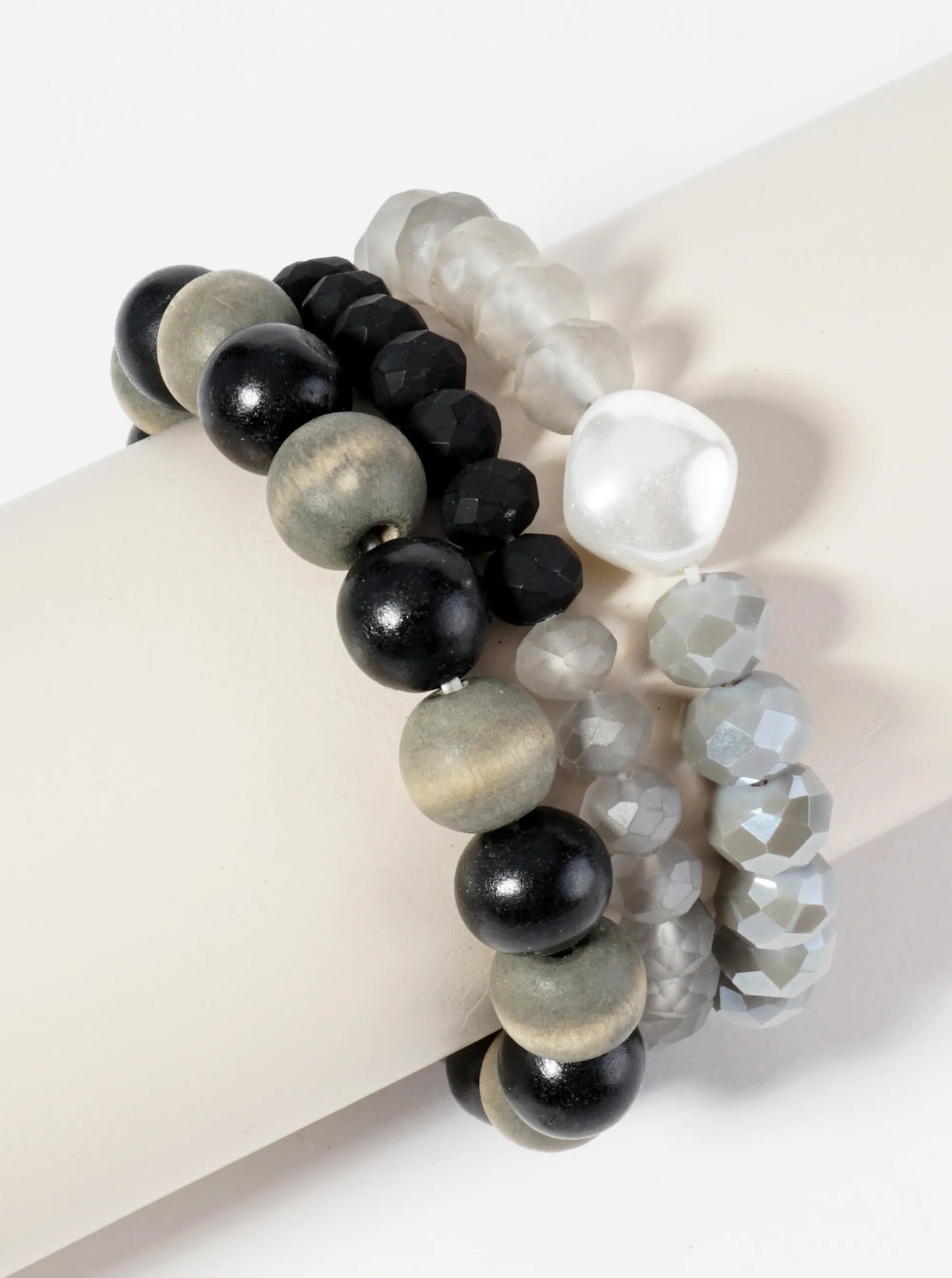Set Of 3 Faceted Wood And Glass Beaded Stackable Stretch Bracelet