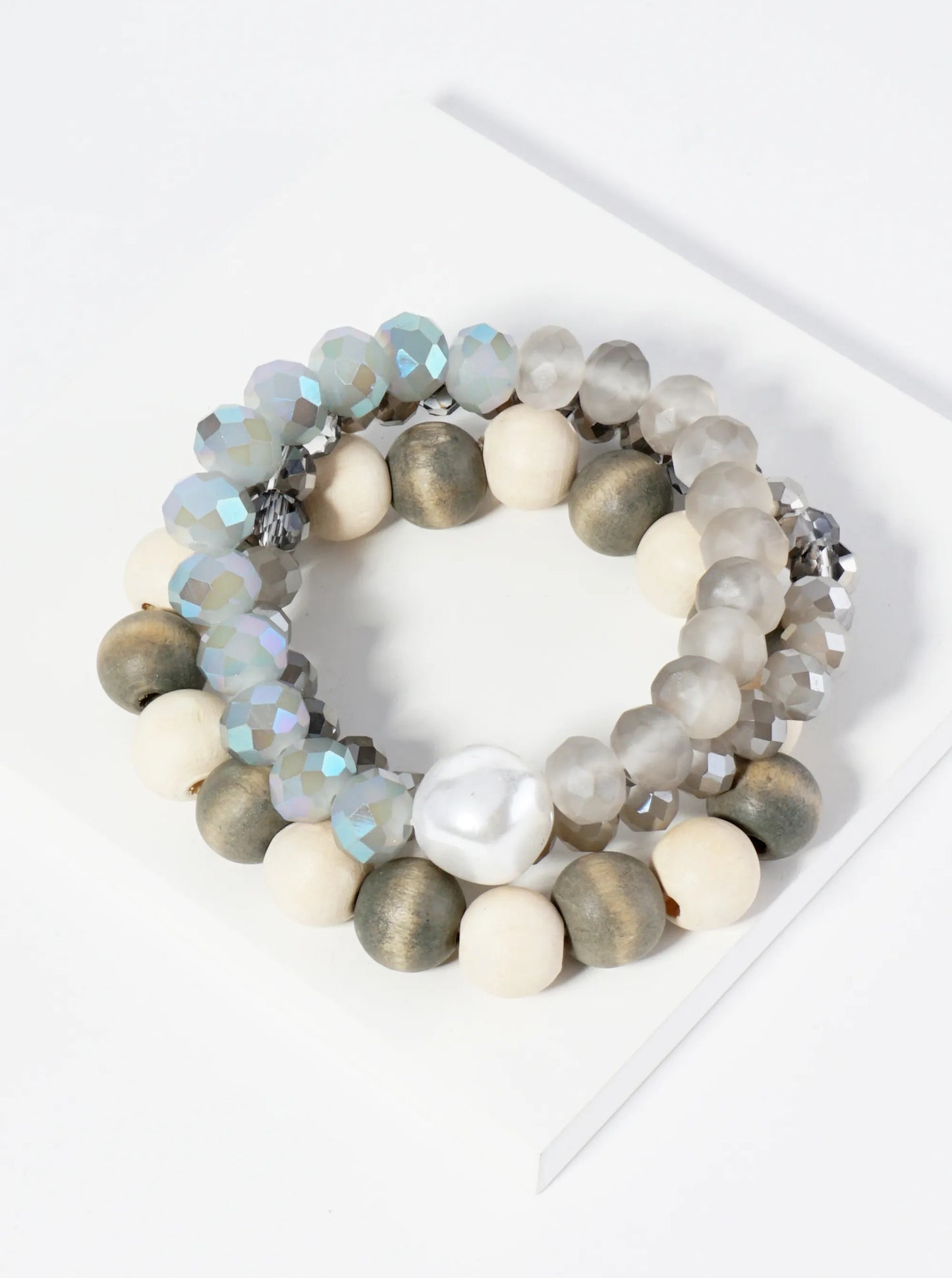 Set Of 3 Faceted Wood And Glass Beaded Stackable Stretch Bracelet