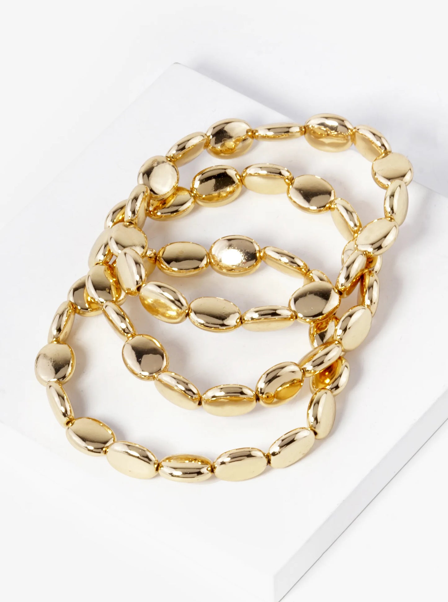 Set Of 3 Metallic Bean Shape Beads Stackable Stretch Bracelet