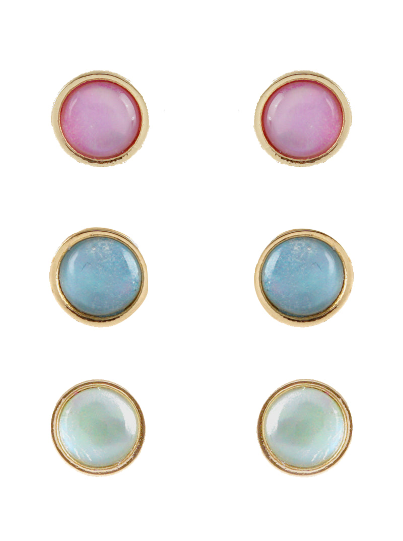 Set Of 3 Moon Stone Round Post Stud Earrings