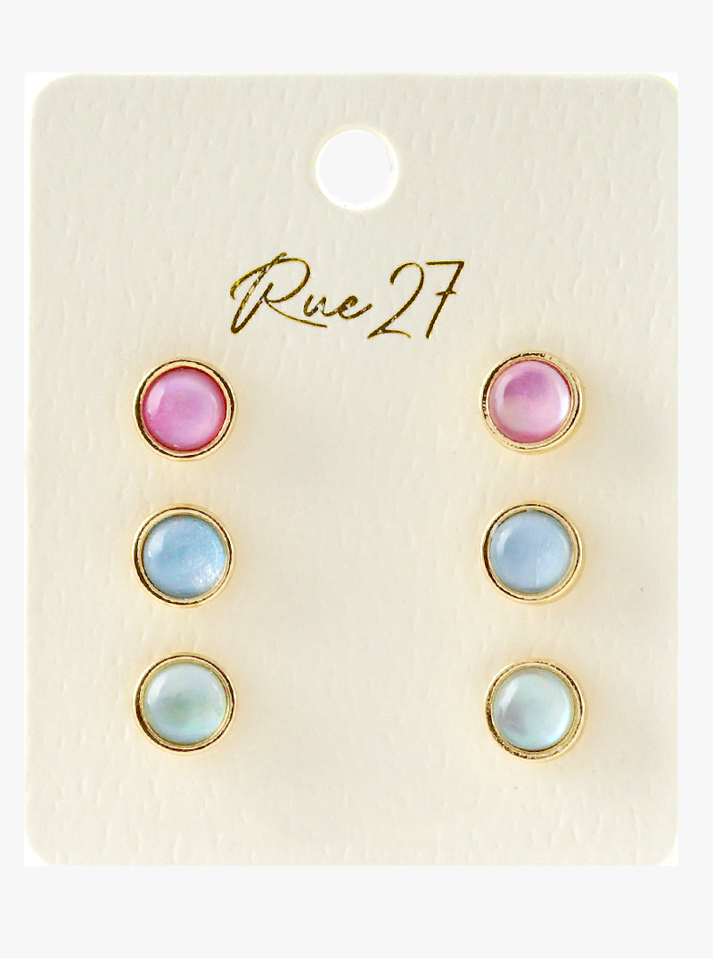 Set Of 3 Moon Stone Round Post Stud Earrings
