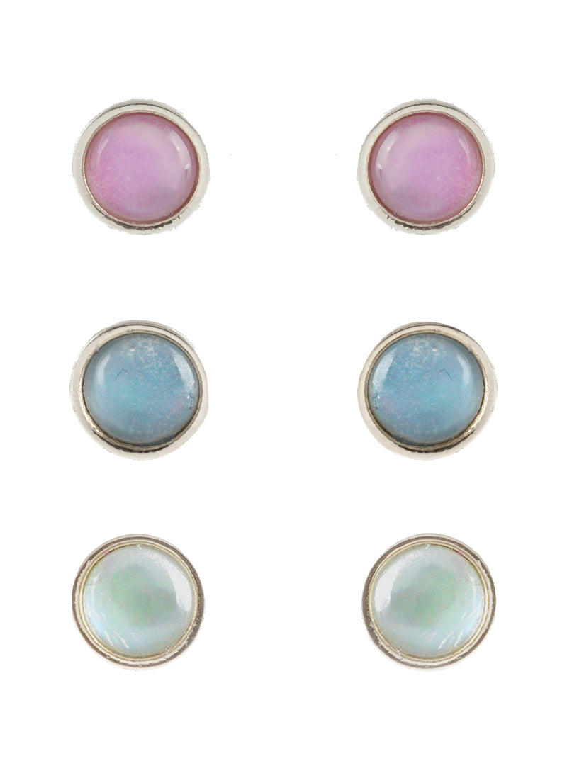 Set Of 3 Moon Stone Round Post Stud Earrings