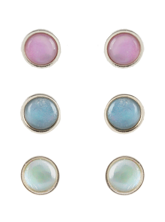 Set Of 3 Moon Stone Round Post Stud Earrings
