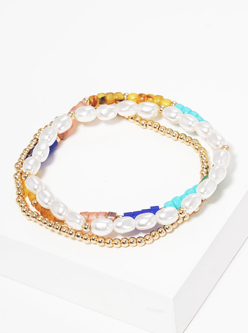 Set Of 3 Multi Bead Stackable Stretch Bracelet