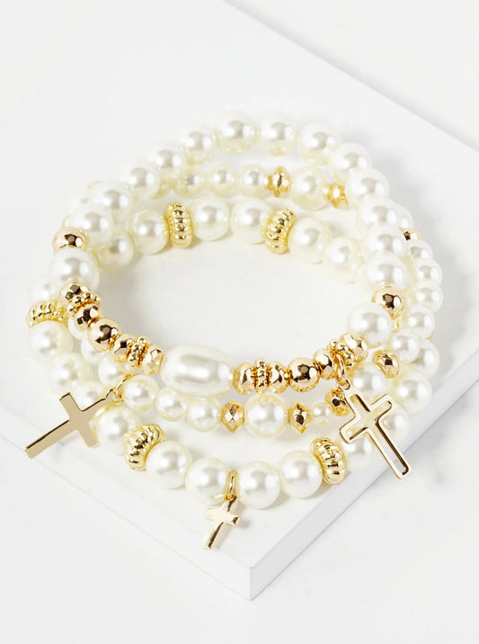 Set Of 3 Pearl Beaded Stackable Stretch Bracelet With Cross Charms