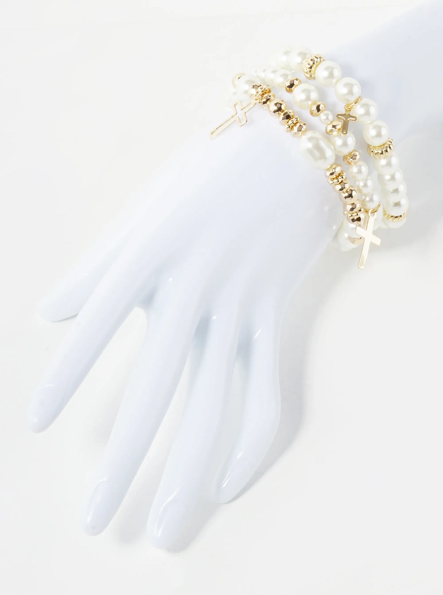 Set Of 3 Pearl Beaded Stackable Stretch Bracelet With Cross Charms