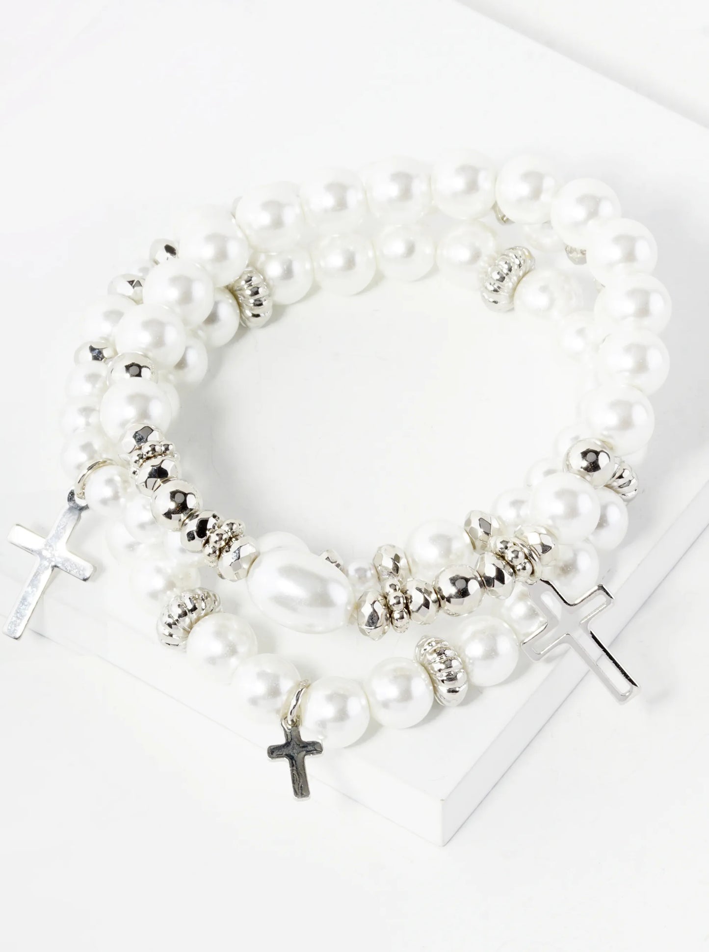 Set Of 3 Pearl Beaded Stackable Stretch Bracelet With Cross Charms