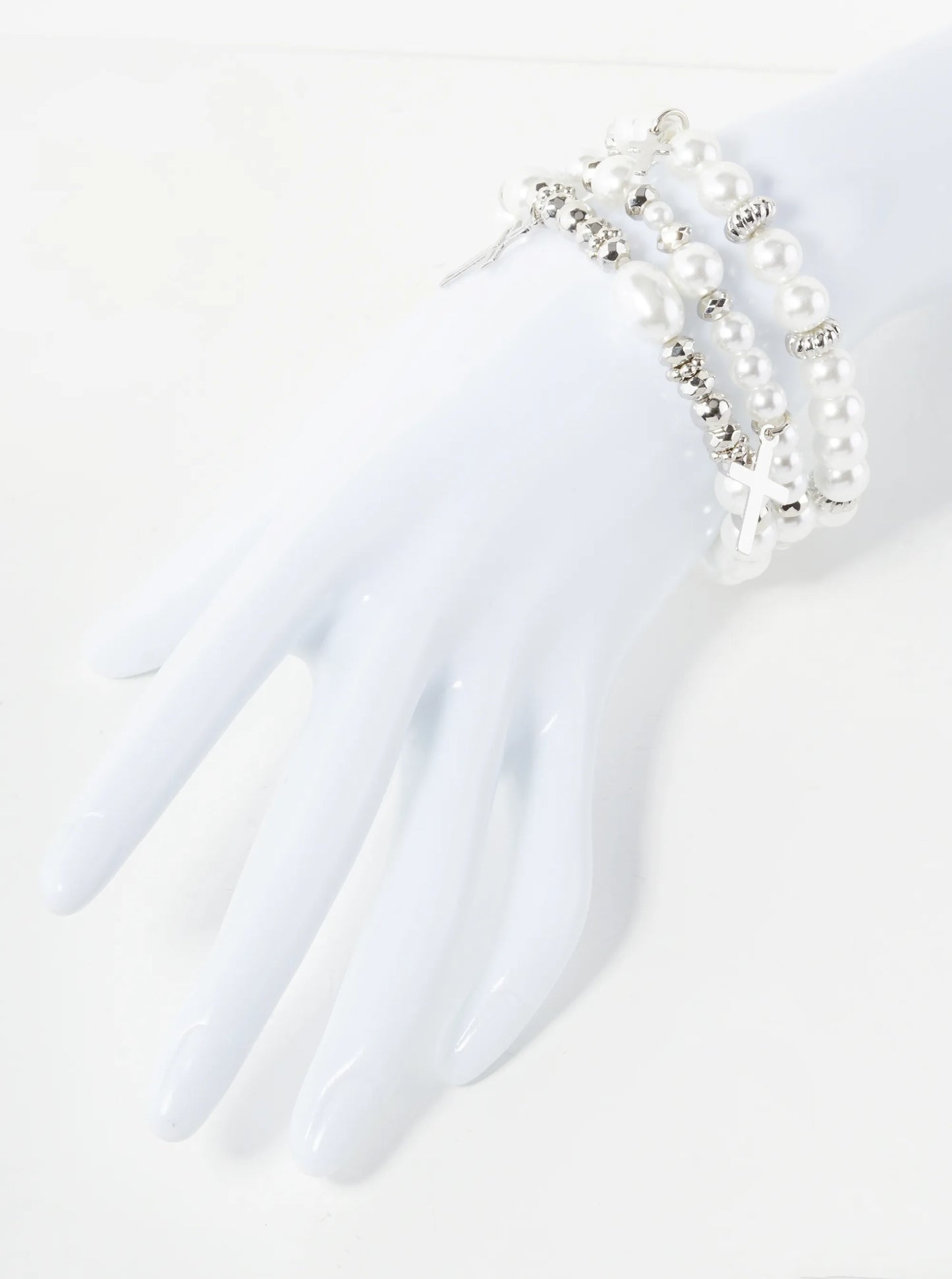 Set Of 3 Pearl Beaded Stackable Stretch Bracelet With Cross Charms