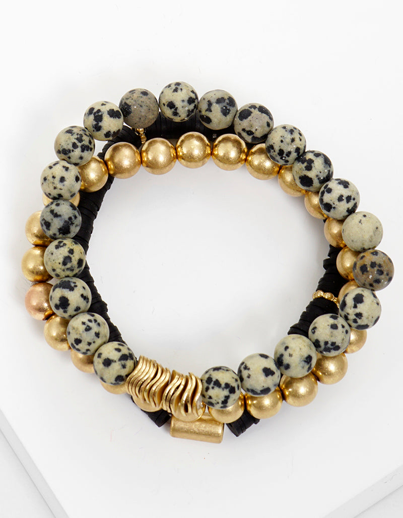 Set Of 3 Semi-precious Stone Clay Bead And Metallic Bead Stackable Stretch Bracelet