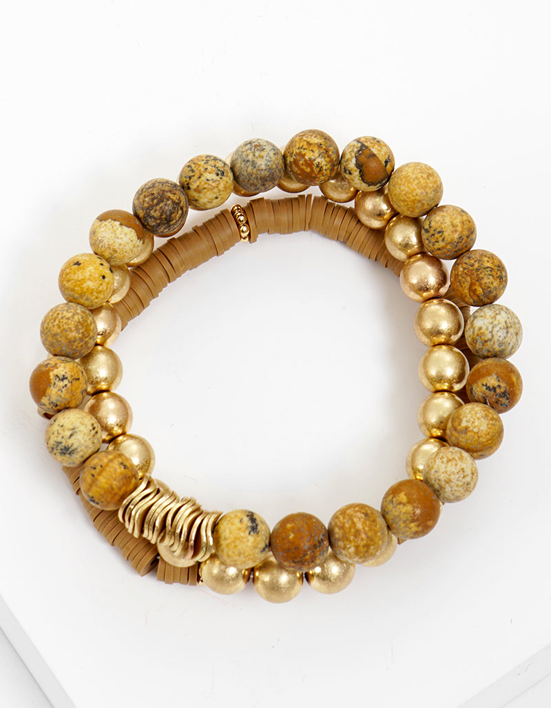 Set Of 3 Semi-precious Stone Clay Bead And Metallic Bead Stackable Stretch Bracelet