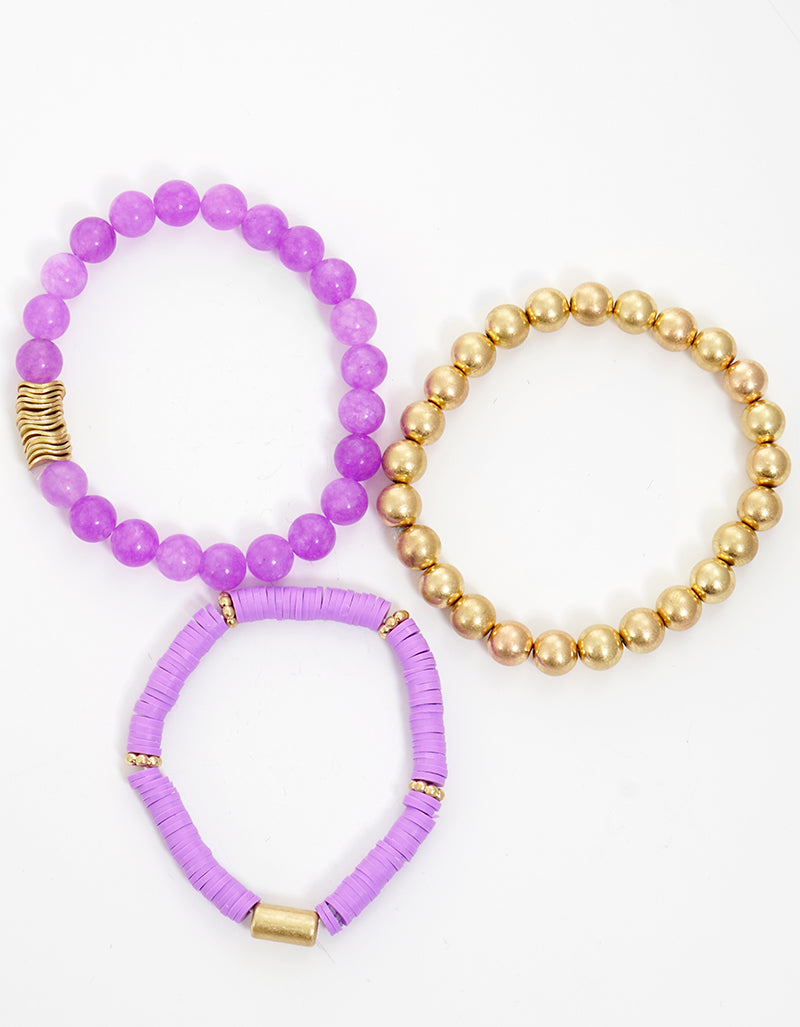 Set Of 3 Semi-precious Stone Clay Bead And Metallic Bead Stackable Stretch Bracelet