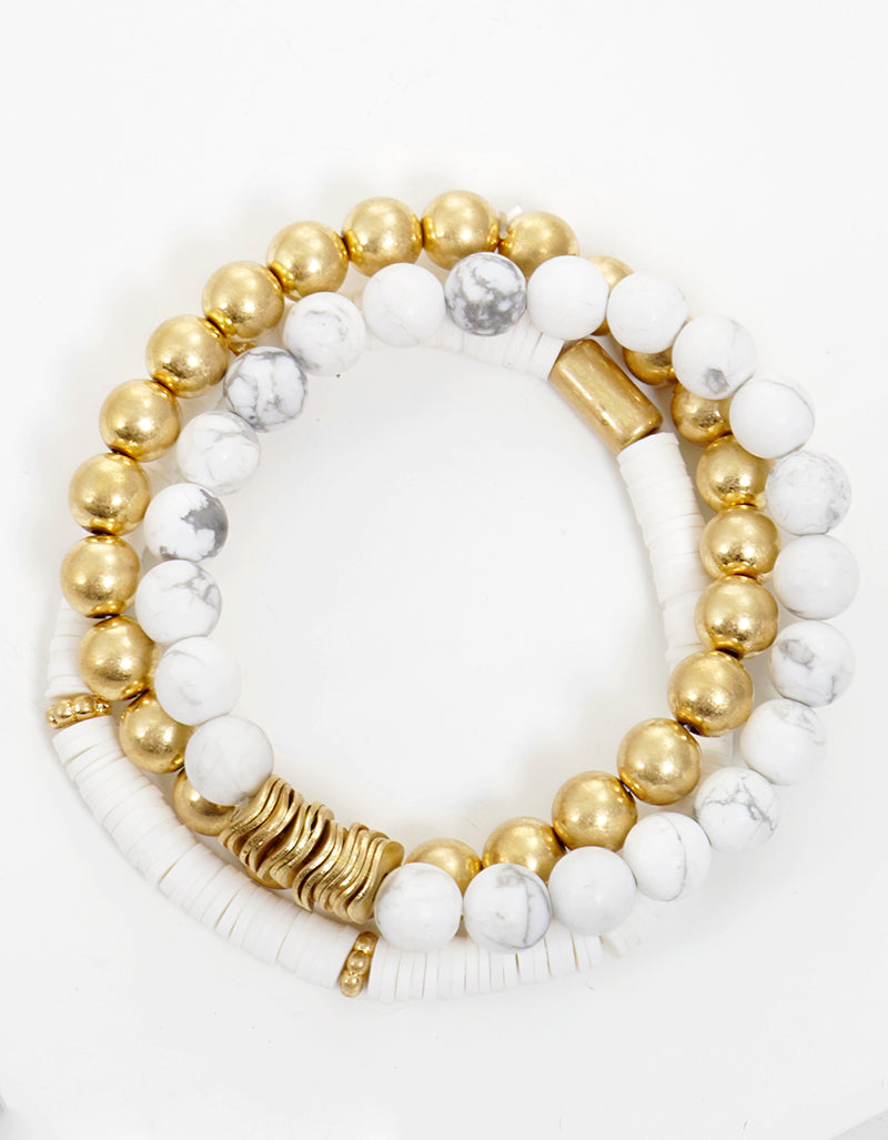 Set Of 3 Semi-precious Stone Clay Bead And Metallic Bead Stackable Stretch Bracelet