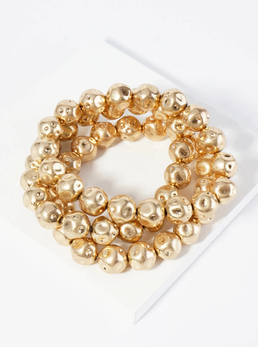 Set Of 3 Textured Metallic Beaded Stackable Stretch Bracelet